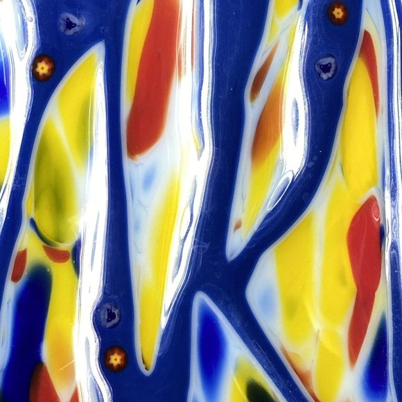 Handmade Fused Art Glass Trinket Tray Ring Dish Catch All Red Yellow Blue 6x6 - Picture 7 of 12